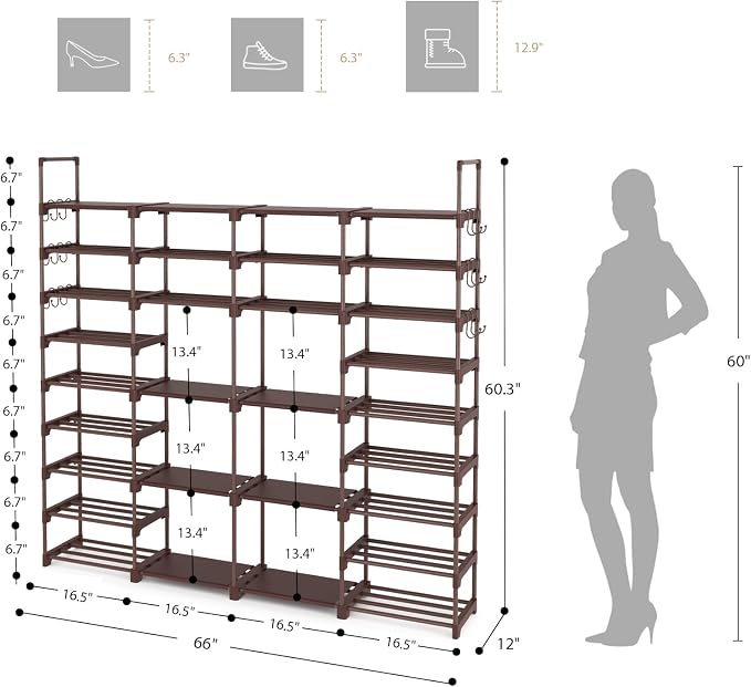 ROJASOP Large Shoe Rack Organizer for Entryway Closet 64-68 Pairs 9-Tier Heavy Duty Tall Garage Shoe Rack Shoe Shelf Shoes Storage with 18 Pcs Removable Side Hooks for Bedroom and Garage Brown