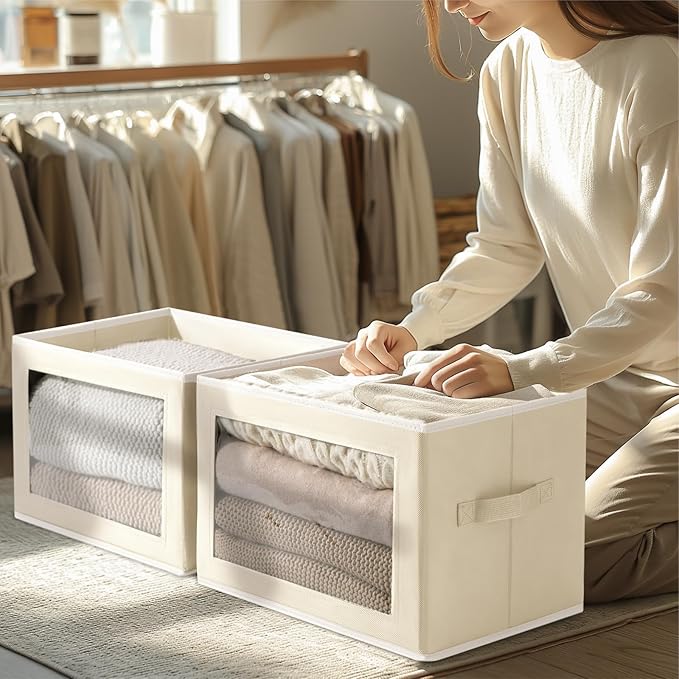 Homsorout Storage Boxes with Lids - 4 Pack Fabric Clear Window Storage Bins, Large Decorative Storage Bins with Handles, Linen Closet Organizer for Clothes, Towel, Blanket, Beige