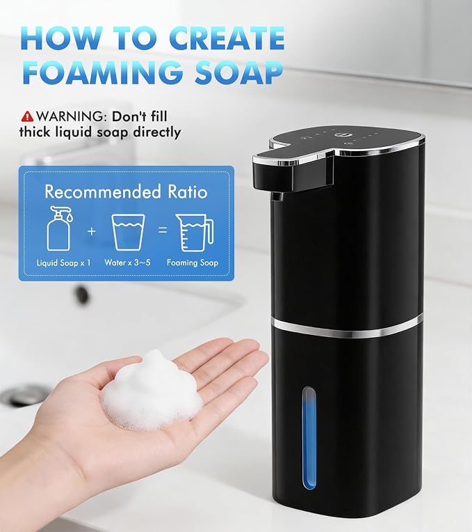 RYTOXILO Automatic Foaming Soap Dispenser Touchless, 2 Pack Black Auto Foam Soap Dispensers for Bathroom and Kitchen, 15 Fl Oz Plastic Electric Dish Foamy Dispensers Wall Mount with 1200 mAh Battery