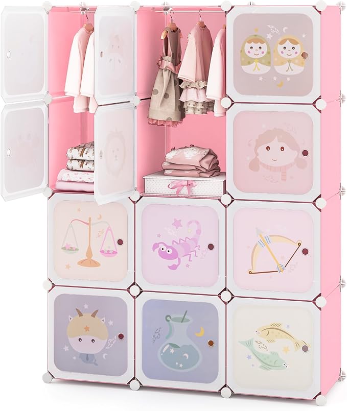 Costzon Kids Closet, Cartoon DIY Modular Dresser Storage Organizer with 12 Cubes & 2 Clothes Hanging Rack, Portable Armoire for Baby Toddlers, Kids Wardrobe for Bedroom Nursery