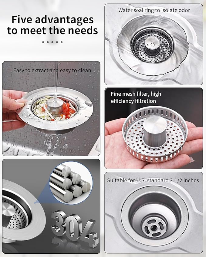 3 in 1 Kitchen Sink Drain Strainer [304 Stainless Steel Pop Up] Anti-Clogging Kitchen Sink Drain Stopper Stainless Steel Drainage Odor Filter Sink Plug for Us Standard 3-1/2 Inch (2 Pack)