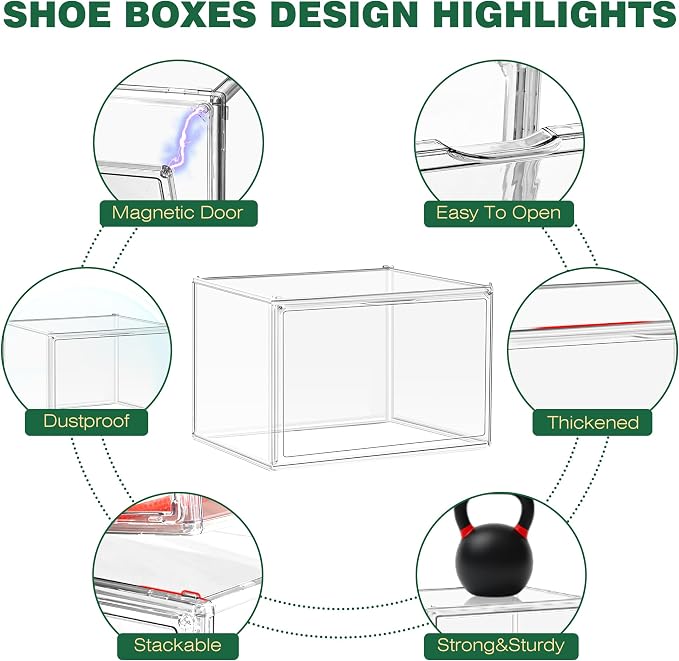 10 Pack Acrylic X-Large Sneaker Shoe Storage Display Case Shoe Boxes Clear Plastic Stackable Bins Boot Handbag Organizer Shoe Cabinet with Magnetic Lids,Size 14