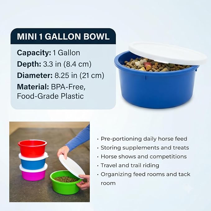 Correct Connect RCC Mini 1 Gallon Horse Feed Storage Bowl with Snap Lid, Feed Container for Treats and Supplements, BPA Free Food Grade Feed Bucket, Stackable (Grey)