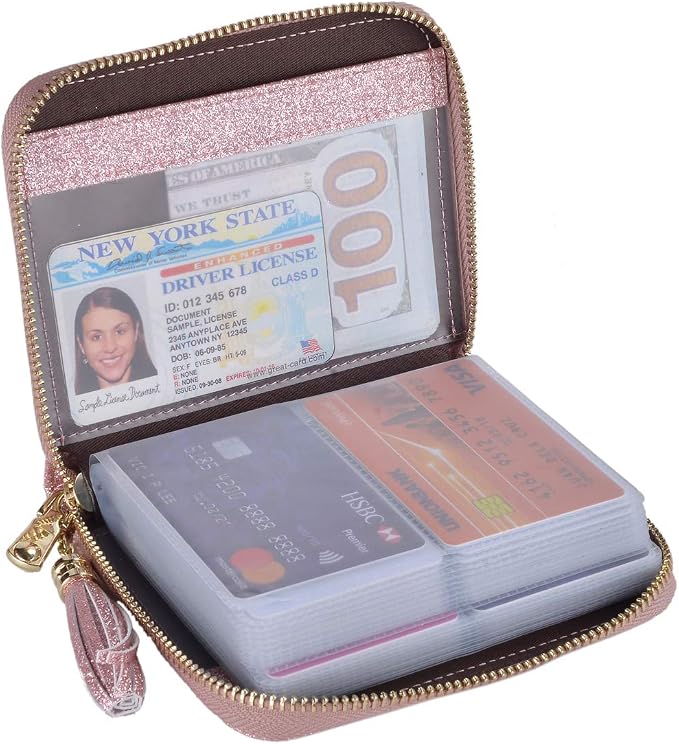 Easyoulife Womens Credit Card Holder Wallet Zip Leather Card Case RFID Blocking (Glitter Light Purple)