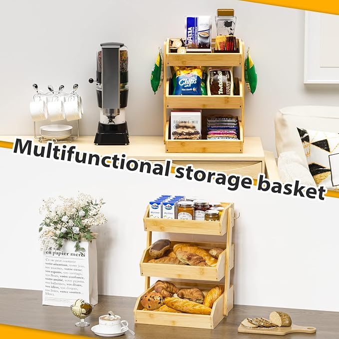 Gmtsl Bamboo Fruit Basket for Kitchen, Fruit Holder for Kitchen Countertop | 3 Tier Fruit bowl for Kitchen Counter, Fruit Stand, Vegetable Basket Storage, Produce Organizer, Bread Snack Display(Bamboo)