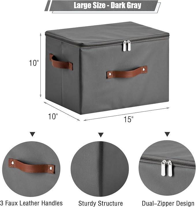 Storage Bins with Zipper Lid PU leather Storage Boxes Leather Fabric Collapsible Lidded Baskets Cube with Handle Decorative Shelves Closet Office Organizer Container(Dark Gray, Large Size)
