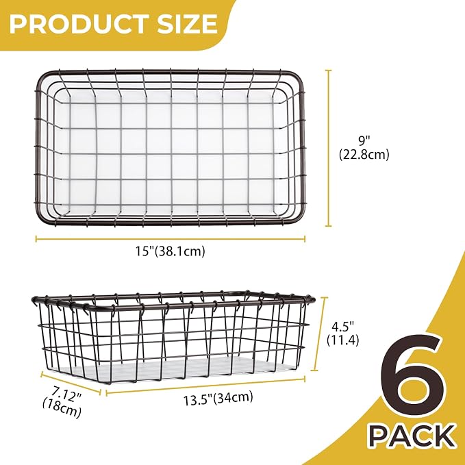 6PK Wire Baskets for Organizing, Baskets for Pantry Organization, Baskets for Snack, Fruits, Cans, Toys, Kitchen Cabinets, Closet Storage