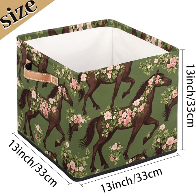 TropicalLife Floral Horse Storage Cube, 13 Inch Fabric Cube Storage Organizer Bin for Shelves Clothes, Decorative Foldable Storage Boxes