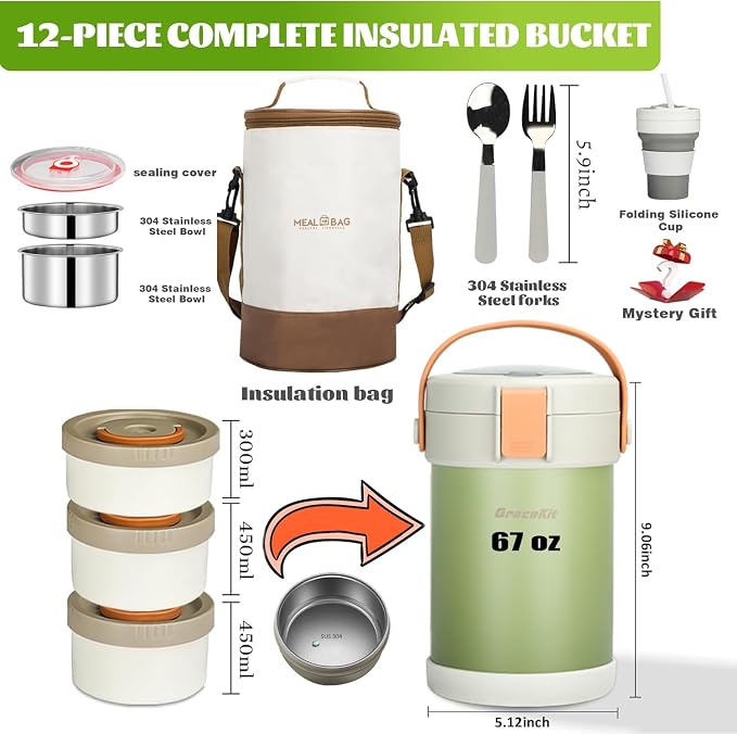 67oz/2L Thermo for Hot Food, 304 Stainless Steel Vacuum Insulated Soup Thermo, Leak-Proof Thermal Lunch Box with 3 Stackable Bento Boxes for Adults Office Travel Camping, Large thermo for hot food