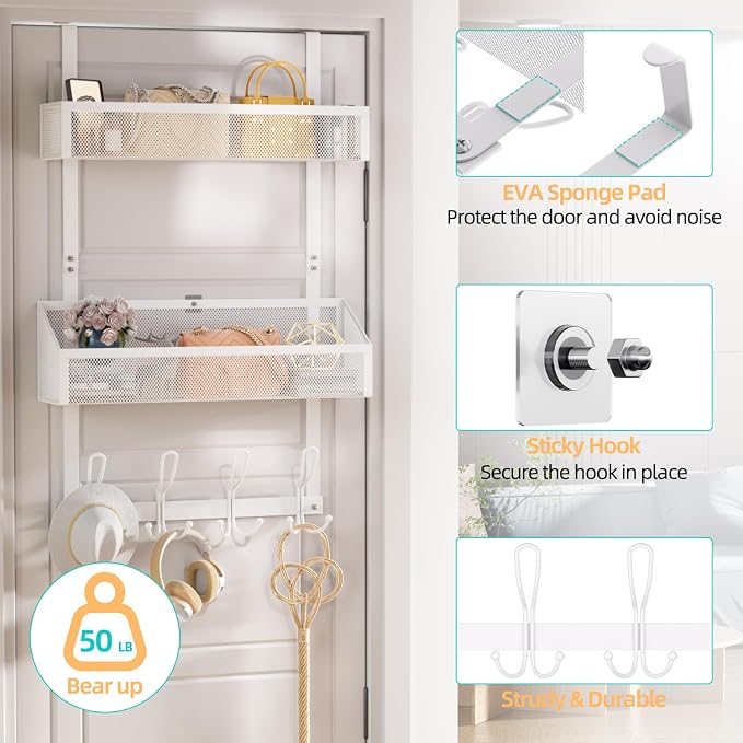 12-Hook Over Door Organizer with 2 Mesh Baskets Space-Saving 2-Tier Hanging Rack for Towels, Coats & Pantry Items, Heavy Duty Metal Storage for Bathroom, Kitchen & Bedroom, White