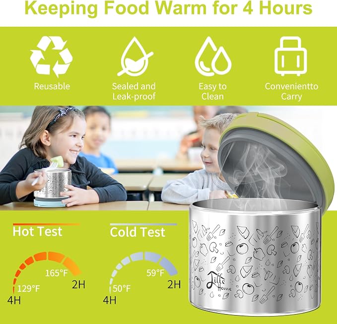 Lille Home Stainless Steel Thermal Lunch Box Set with Lunch Bag and Cultery | 22 Oz Vacuum Insulated Lunch Bento Box, to Keep Food Warm/Cool, 2 Small Food Container for Snack, Fruits and Sauces (Green)