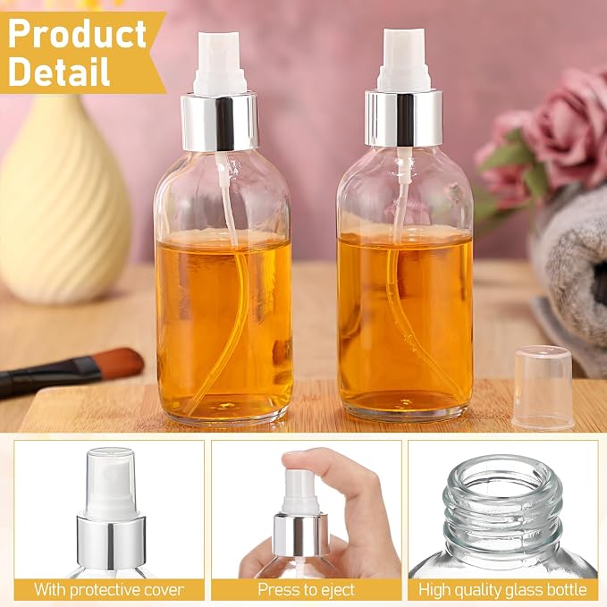 Maxcheck 50 Pieces 4oz Glass Spray Bottles for Essential Oil Small Empty Spray Mist Bottle Empty Fine Mist and Refillable Mister Refillable Liquid Containers for Perfumes, Cleaning(Clear, Silver)