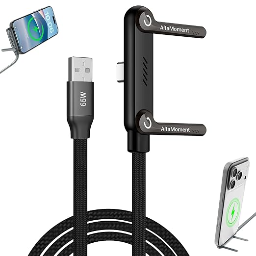 Invisible Holder Charger Cable, 65W PD Fast Charging Cable for Desk, USB-A & Type-C to Cable 4.9 FT with 360° Adjustable Metal Stand, 2 in 1 Holder Charger for Gaming, Office, Home