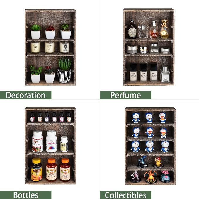 Ikee Design Wooden Wall-Mounted Display Shelves Rack for Collectibles-Figures,Shot Glasses,Spice Can,Cosmetics or Perfume-5 Adjustable Height Shelves,Space-Saving,Coffee Color