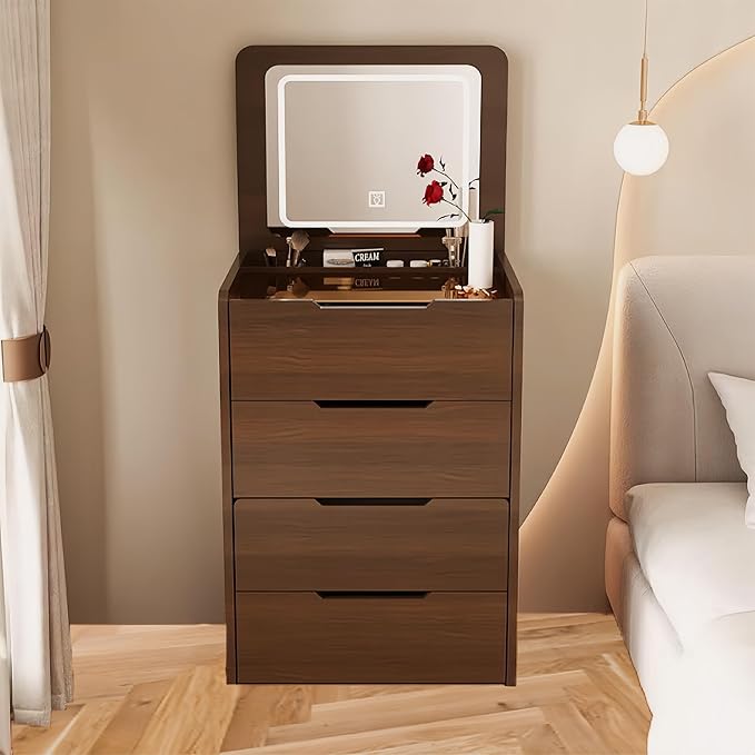 3 in 1 Vanity Desk with Mirror and Lights,Small Make Up Vanity Set with Visible Glass Desktop,Compact Makeup Vanity with 3 Drawers & Stool, Dressing Table for Bedroom (Walnut, 18.9" L)