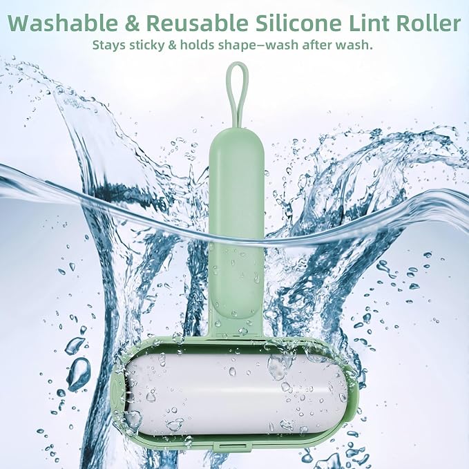 Reusable Lint Roller for Pet Hair Extra Sticky, Washable Silicone Lint Roller Reusable for Clothes, Mini Travel Size Portable Sticky Lint Roller with Handle & Hanging Loop, Green 1 Pack