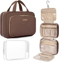 BAGSMART Toiletry Bag Hanging Travel Makeup Organizer with TSA Approved Transparent Cosmetic Bag Makeup Bag for Full Sized Toiletries（Coffee Brown）