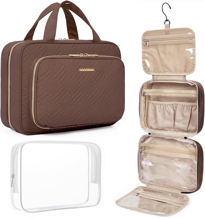 BAGSMART Toiletry Bag Hanging Travel Makeup Organizer with TSA Approved Transparent Cosmetic Bag Makeup Bag for Full Sized Toiletries（Coffee Brown）