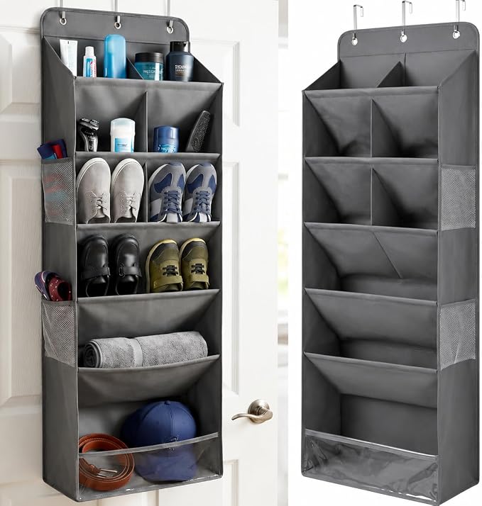 HOMELUX THEORY Hanging Shoe Organizer for Closet, 6 Tier Over the Door Shoe Organizer 120D Extra Thick with Deep Pockets, Shoe Rack for Closet & Entryway, with 4 Side Storage Pockets (Dark Gray)