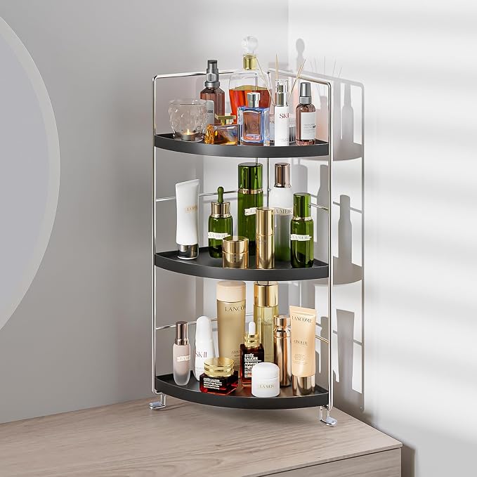 3 Tier Bathroom Corner Organizer Countertop, Vanity Counter Skincare Makeup Storage Shelf, Bathroom Sink Countertop Organizer, Black