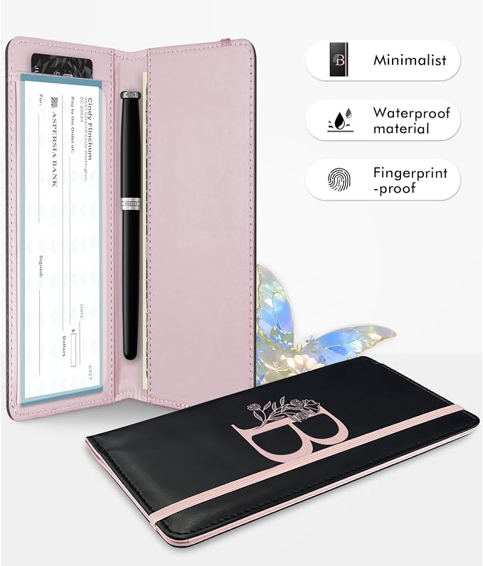 Letter Checkbook Cover, RFID Blocking Checkbook, Duplicate Checks with Pen Holder, Cards Slots, Multi-Functional Checkbook Holder for Personal and Business Checks