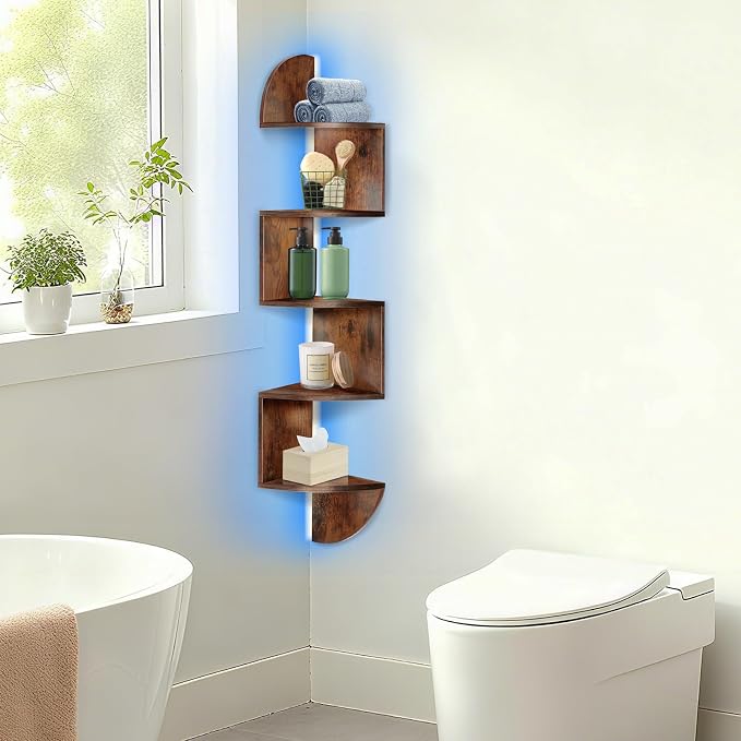 Corner Shelf Wall Mounted Corner Floating Shelves with Light | 5 Tier Corner Bookshelf Stand for Bedroom, Bathroom, Living Room, Kitchen, Office, Home Decor(Rustic Brown)