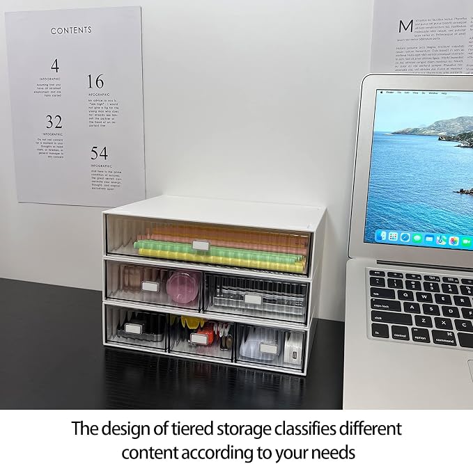 Desk Drawer Organizer, Stackable Office Supplies Storage, Plastic Drawer, Desk Grocery Organizer for Stationery/Office Supplies (White, 2 Compartments)