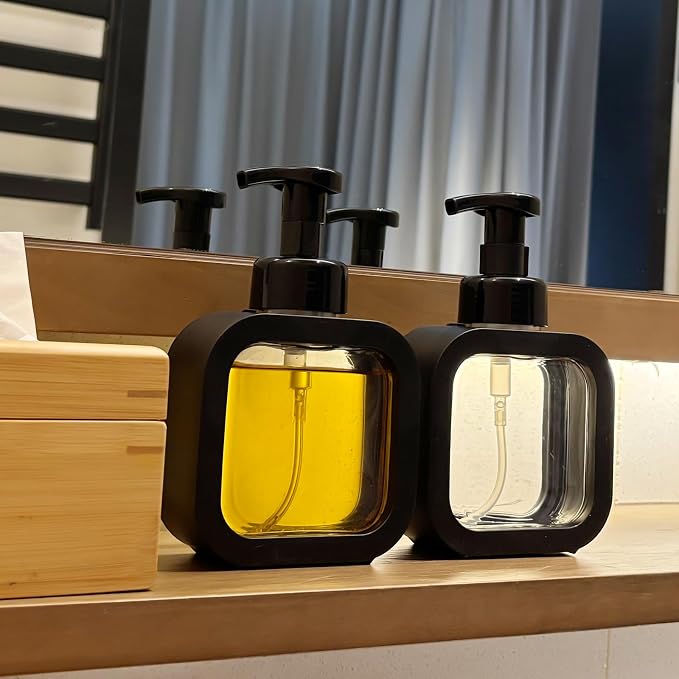 Foaming Soap Dispenser, 300ml (10oz) Plastic Refillable Foaming Hand Soap Dispenser with 8 Pcs Waterproof Labels, Foam Pump Bottle for Bathroom and Kitchen (Black)