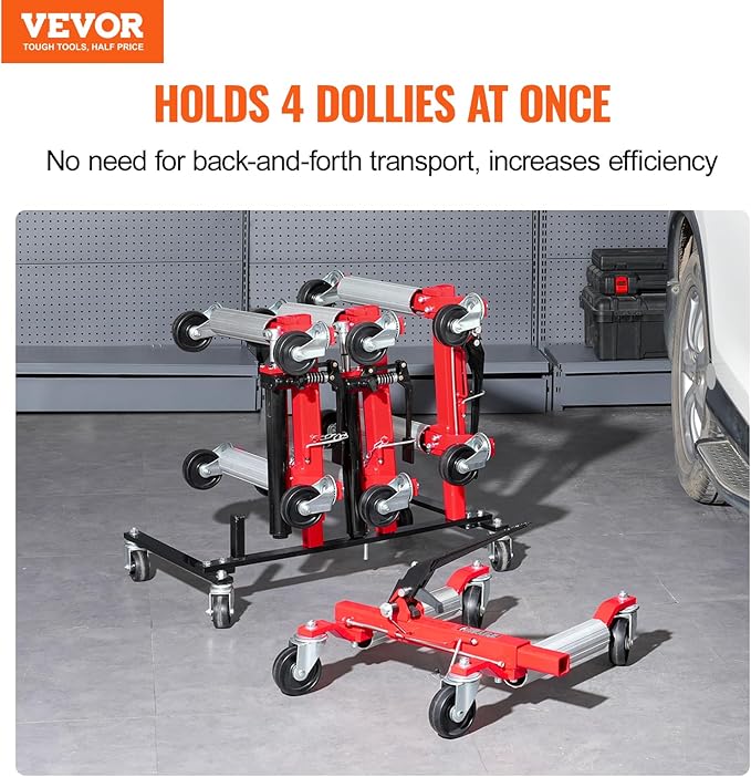 VEVOR Car Dolly Rack, Storage Rack with 360° Rotatable Wheels, Hydraulic Ratchet Trolley Jack Stand Organizer, Jack Stands Holder Storage Rack, 4-Dolly Capacity, Compatible with Most Dollies