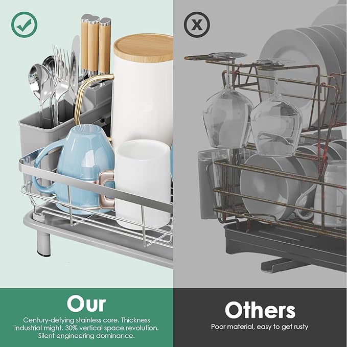 MOUKABAL Dish Drying Rack, Dish Rack, Stainless Steel Dish Racks for Kitchen Counter, Dish Drainer with Removable Utensil Holder, Drainboard (Grey,Stainless Steel,13''W x 17''L)