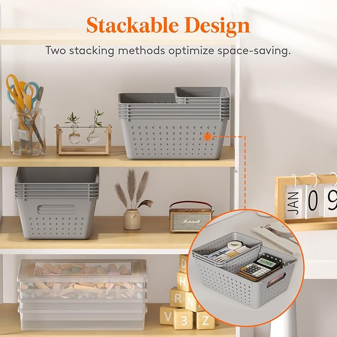 Lifewit Plastic Storage Basket for Organizing, 6 Pack Stackable Open Containers, Multi Size Storage Bins for Shelving, Pantry, Office and Cabinet, 4 Large and 2 Small Size, Gray