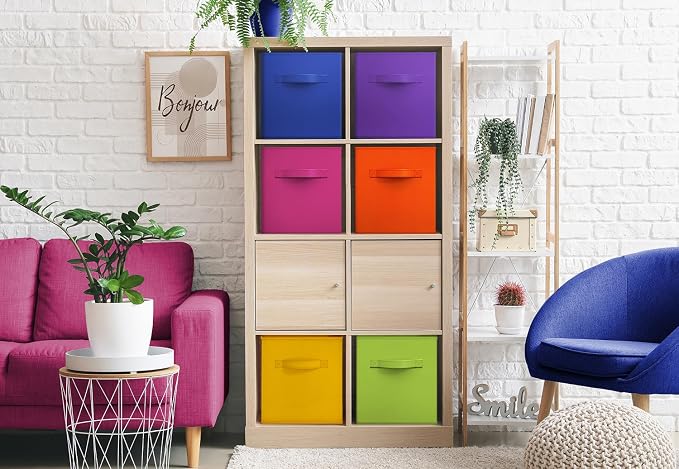 Sorbus 11 Inch Fabric Storage Cubes - Sturdy Collapsible Bins With Handle - 6 Foldable Baskets for Organizing Clothes, Toys, Books - Multi Colored Storage Baskets for Shelves, Kids Room, Closets
