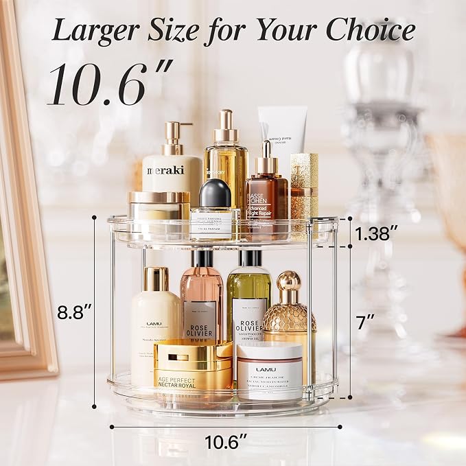 LAMU Rotating Makeup Organizer for Vanity, 10.6in 2 Tier Lazy Susan Turntable Stackable Spinning Skincare Organizer Cosmetic Perfume Tray Display for Bathroom Counterop, Large Capacity, Clear