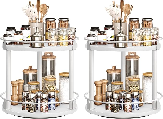 YATINEY Spice Rack, Set of 2 Lazy Susan Organizer, 2-Tier Turntable Organizer For Cabinet, Compact and Versatile, for Kitchen Countertop, White SR22L2WW