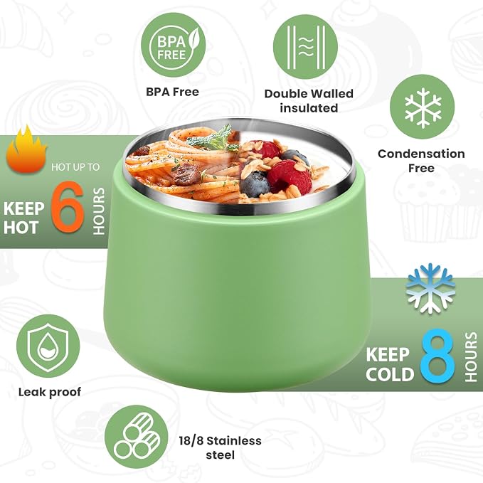 Itslife 14oz Vacuum Insulated Soup Thermo for Hot Food, Kids Lunch Container with Leakproof Buckle Lid, Wide Mouth Stainless Steel Food Jar with Spoon