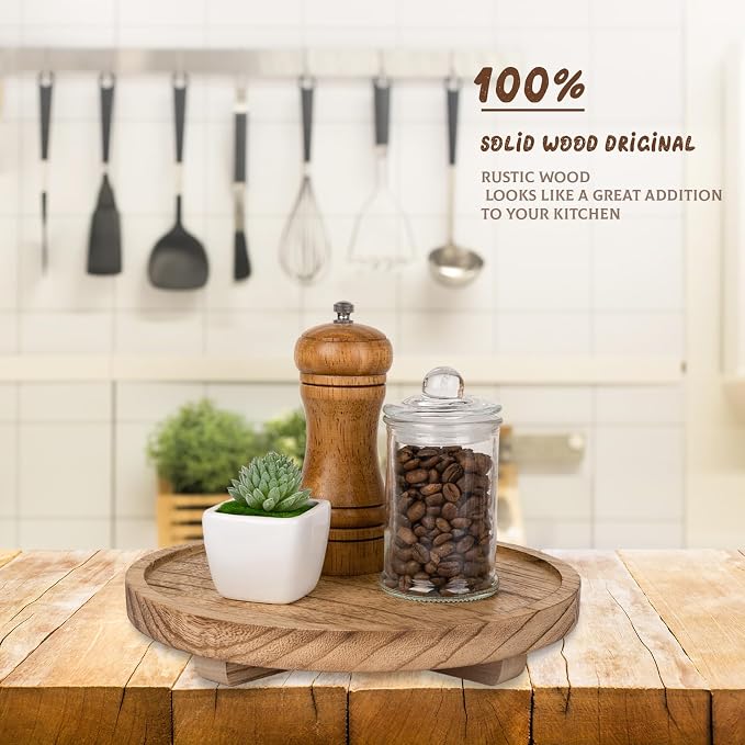 Round Decorative Tray Farmhouse Kitchen Decor Soap Dish, 9" Brown | Waterproof, Lightweight, Easy Clean, Wood Riser Pedestal Stand Accessories for Office Desk, Vanity, Counter, Sink