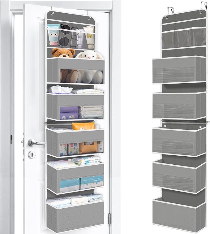 WISELIFE 6-Tier Over The Door Organizer Storage Detachable Design Door Hanging Storage Organizer with Clear Window Behind The Door Storage for Nursery Bedroom Bathroom Pantry Closet Grey