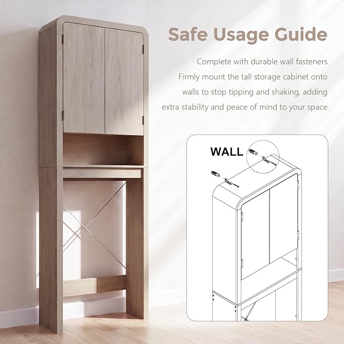 Over the Toilet Storage Cabinet, 69.69" Curved Bathroom Storage Organizer Cabinet with Doors and Adjustable Shelves, Wooden Free Standing Toilet Space Saver Rack, Cream