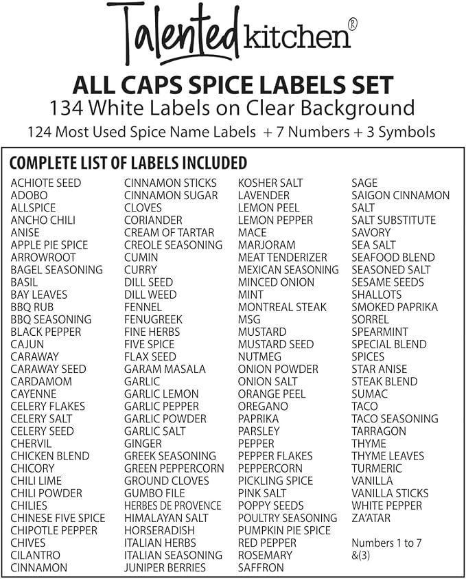 Talented Kitchen Spice Labels Stickers - 134-Count White Glossy Vinyl Minimalist Design - Preprinted Stickers for Spice Jars & Pantry Organization - For Dark Bottles