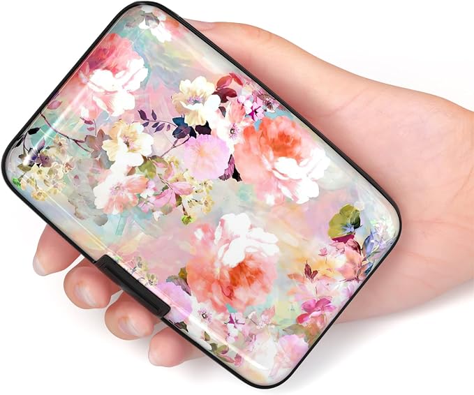 Credit Card Holder for Women, Small RFID Metal Credit Cards Wallets Cute Business Card Holder Pocket ID Case, Pink Flowers
