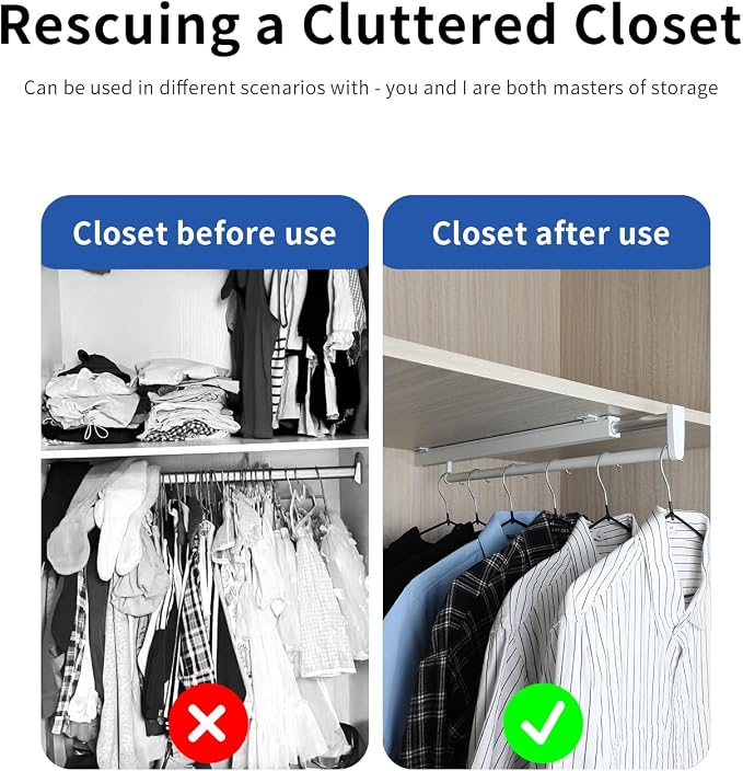BaiNong Pull Out Closet Rod - White, 13-3/8 Inch, Telescopic Trouser Rack for Shallow Cabinet, Organize Pants and Clothes
