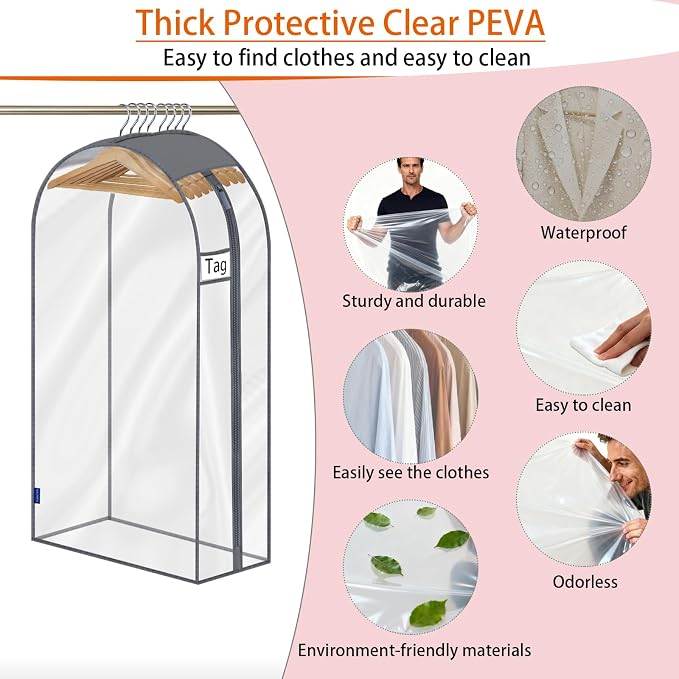 Clear Garment Bags for Hanging Clothes 10" Side Gusset, Suit Bags for Closet Storage, Suit Cover for Shirts Coats Dresses (24"X42"X10" 3Pack)