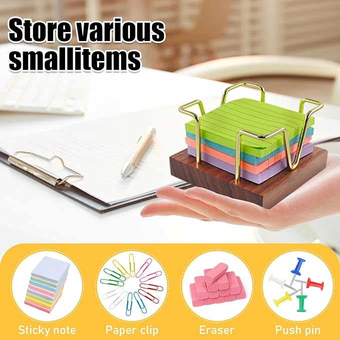 Buqoo Walnut Wood and Gold Metal Sticky Note Holder | Walnut Wood and Gold Metal Wire Self Stick Note Pad Holder Dispenser for School Home Office Desk Accessories Supplies