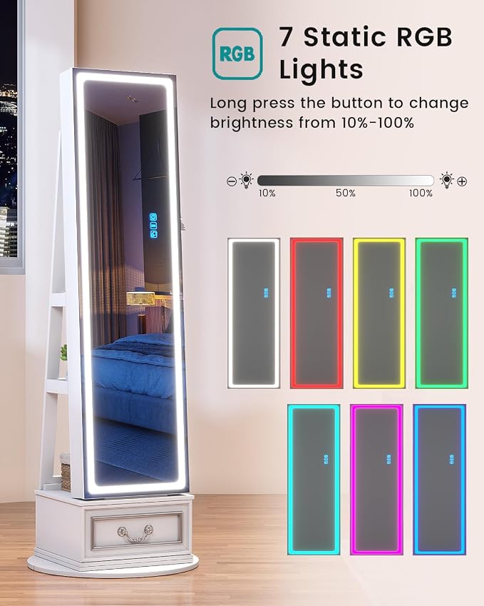 Vlsrka Jewelry Armoire with Full Length LED Mirror, 360° Swivel, White | Standing Mirror with Storage, Lockable Jewelry Cabinet with Touch Screen & RGB Modes for Small Bedroom Spaces, Gift for Women