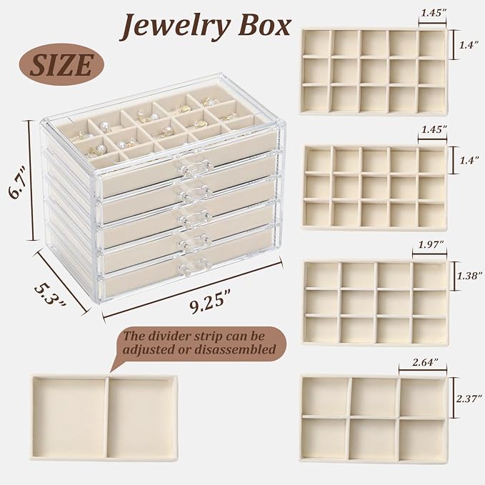 CLUQMEIK Acrylic Jewelry Organizer Box with 5 Drawers, 50 Grids Clear Earring Box Organizer with Adjustable Velvet Trays, Jewelry Storage Organizer for Women Girls, Beige