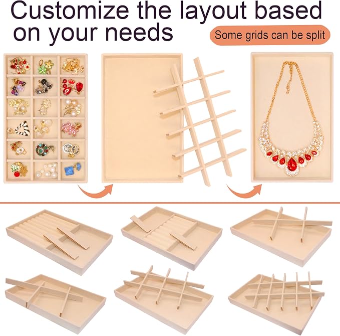 Set of 8 Velvet Jewelry Trays X-Large Stackable Jewelryy Organizer Drawer Insert Divided Jewellry Storage Holder, Earring Ring Brooch Necklace Bracelet Watch Display Tray