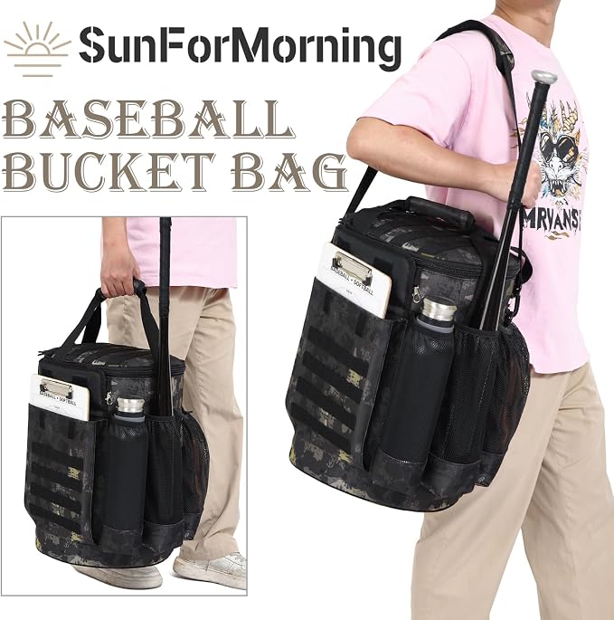 Baseball Bucket Bag Baseball Coaching Accessories Organizer Tactical Style Softball Bucket Bag with Anti-Slip Bottom, Multiple Pockets for Bat, Gloves, Scoreboards