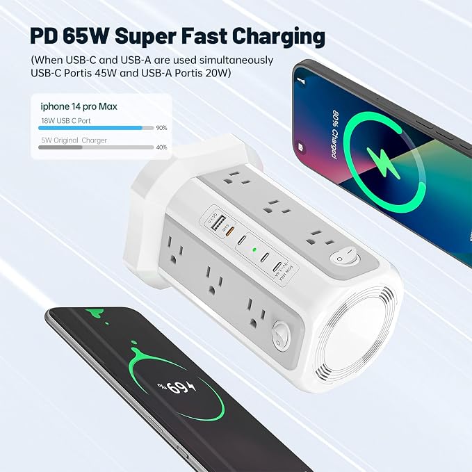 PASSUS PD 65W USB C Fast Desktop Charging Station Tower Power Strip | Surge Protector, 12 Widely Spaced AC Outlets, 4 USB C, 1 USB A, 10FT Extension Cord Overload Protection