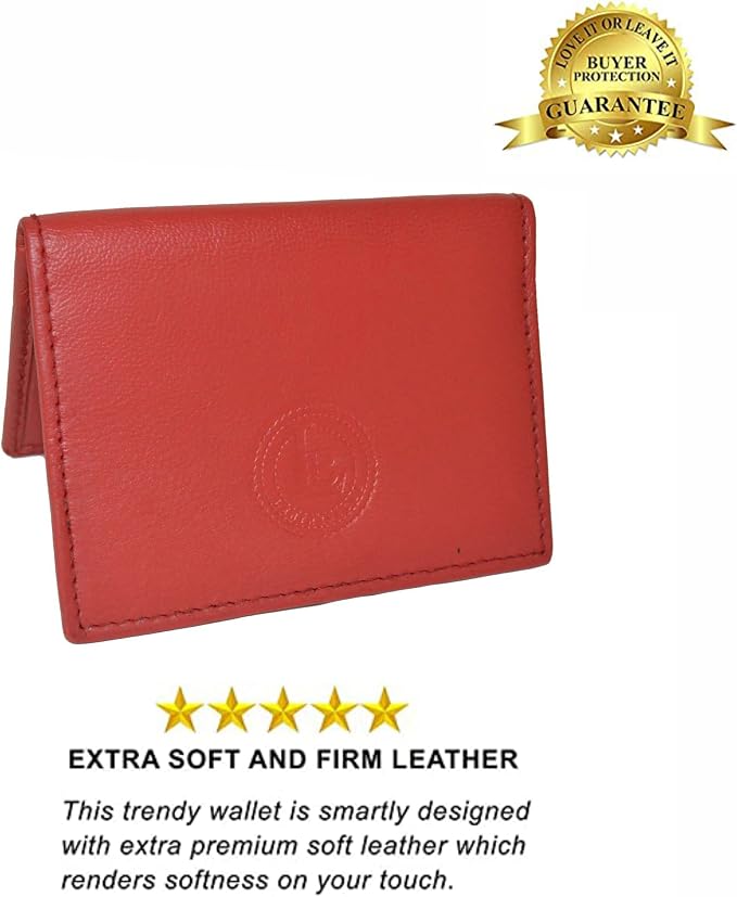 Leatherboss Slim Thin Leather Credit Card Id Mini Wallet Holder Bifold Driver's License Safe (Red)