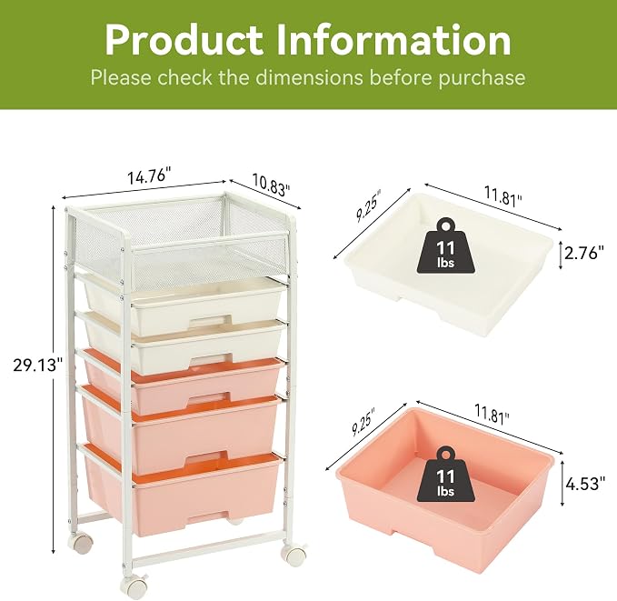 2 Pack Rolling Craft Cart with 5 Drawers, Craft Cart with Wheels, Art Cart Organizer and Storage, Rolling Utility Cart with Handles for Organizing Crafts, Yarn, Toys, School Supplies, etc